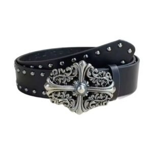 Gothic Cross Engraved Studded Leather Belt – Black Vintage Punk Belt