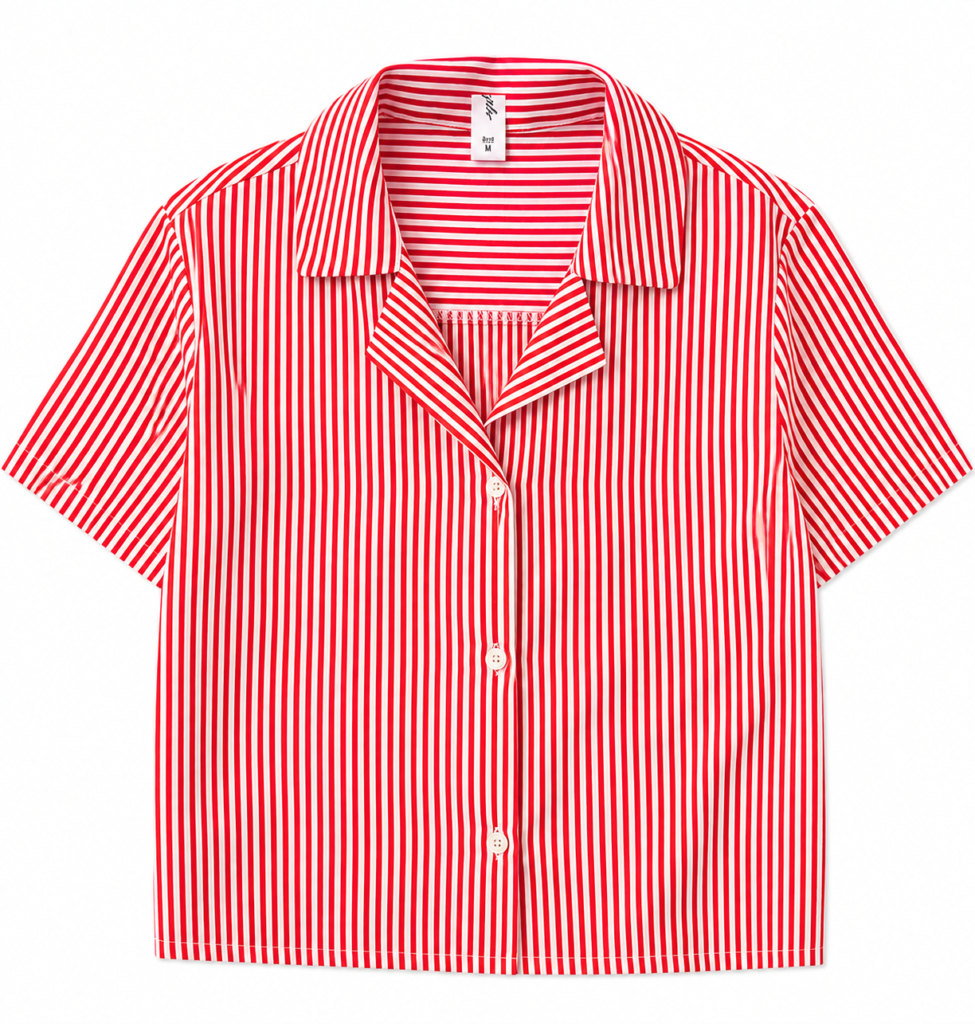 Red & White Striped Cuban Collar Shirt